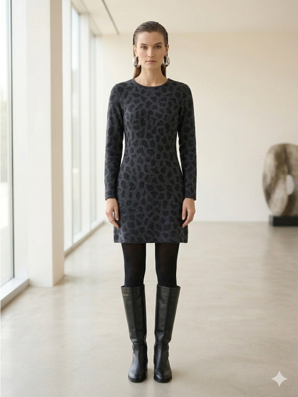 3.1 Phillip Lim Charcoal Grey Leopard Print Merino Wool Sweater Dress - Small